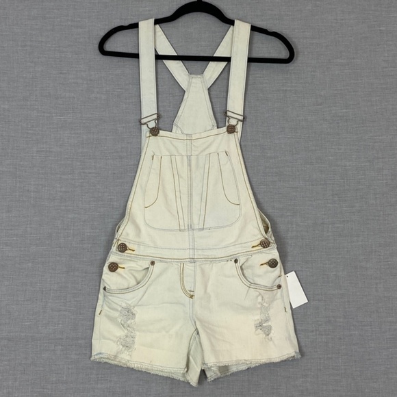 Destroyed Bib Overall Shorts Womens Sz 0 Light Wash High Waisted Metal Hardware - Picture 1 of 13